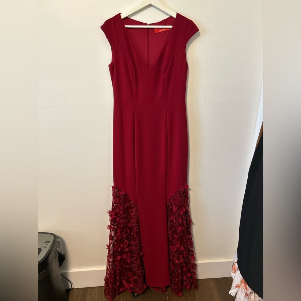 Carmen Marc Valvo Red Maxi Dress with Floral Accents